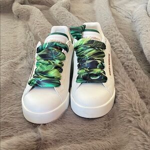 Dolce & Gabbana White Sneakers with Leafy Green Laces